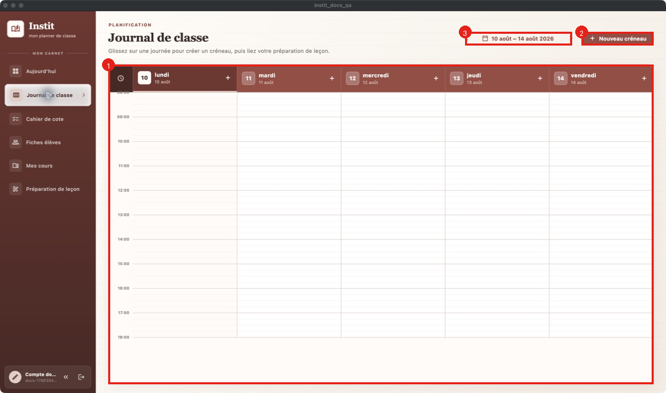 Écran Journal de classe dans Instit