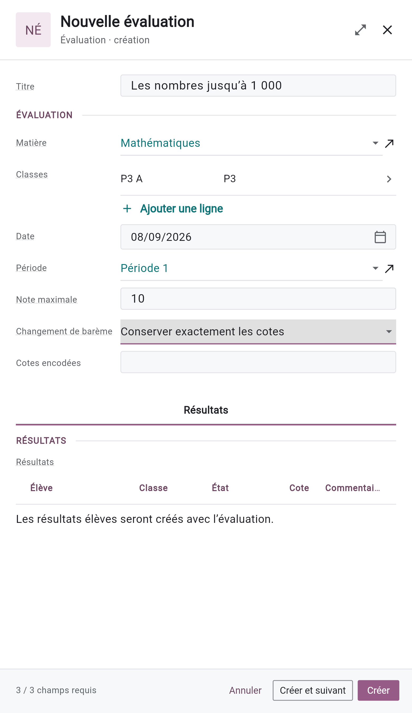 La fiche d’une évaluation avec sa matière, sa date et son barème