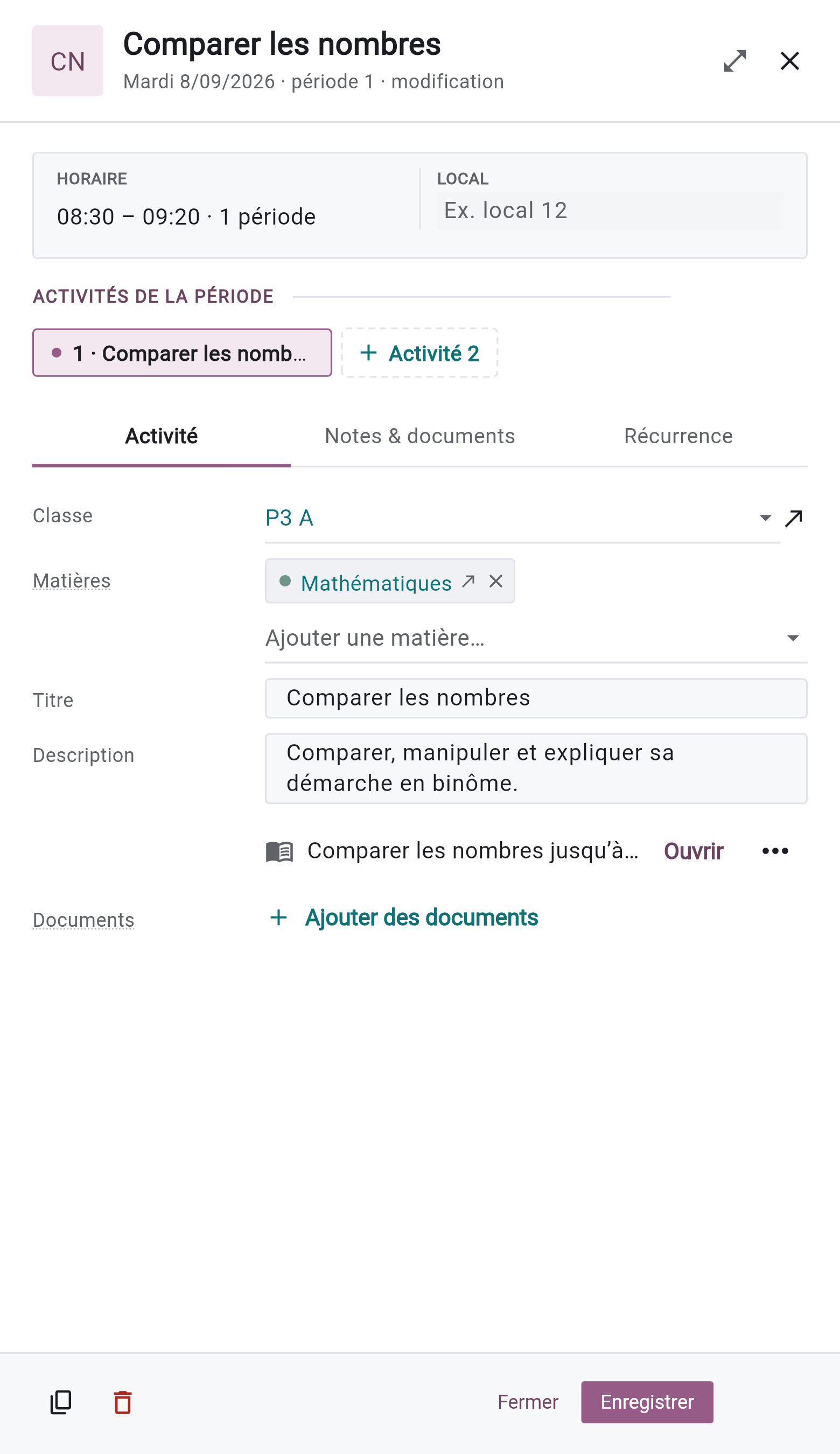 Une activité du journal et la préparation qui lui est associée