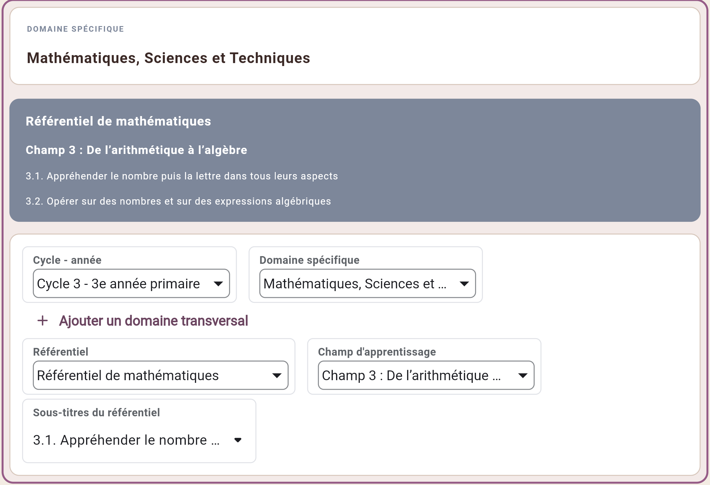 Le contexte pédagogique d’une préparation de mathématiques : niveau, domaine et références