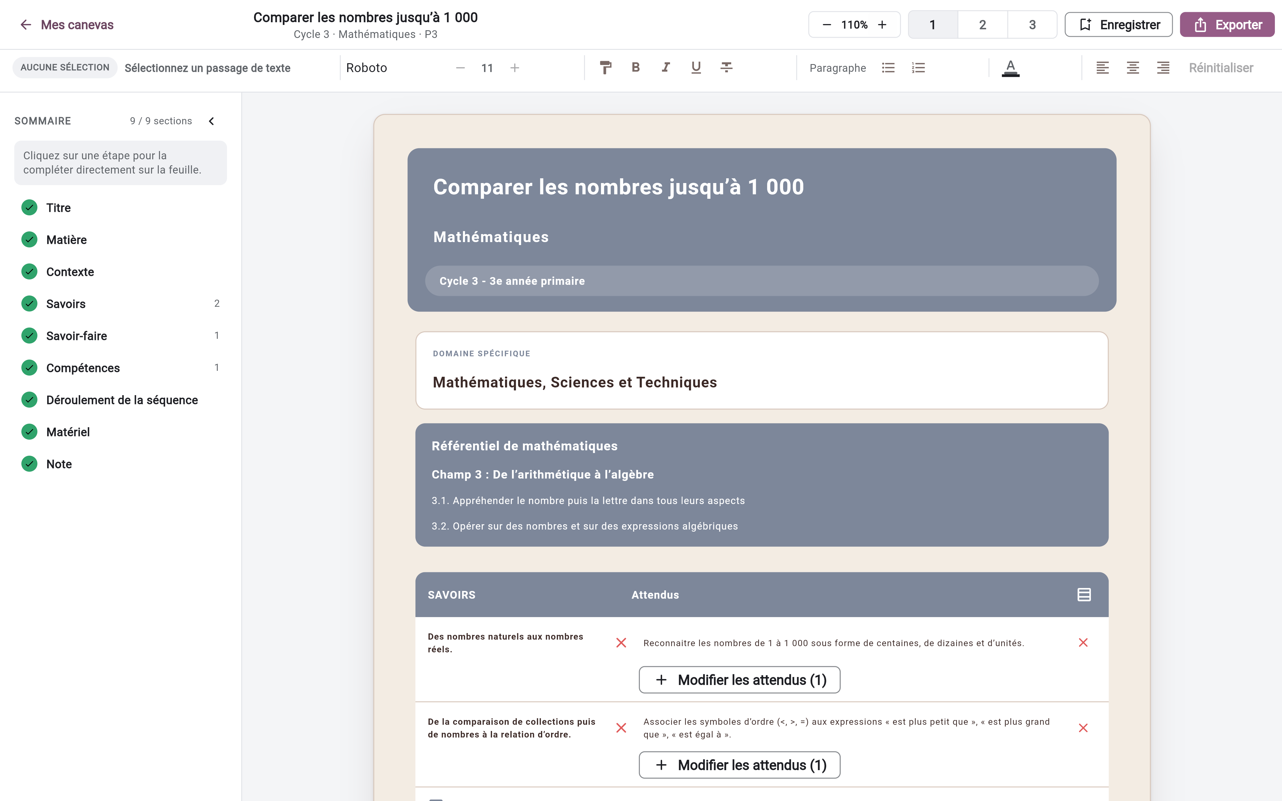 L’atelier de préparation avec son sommaire et les commandes Enregistrer et Exporter
